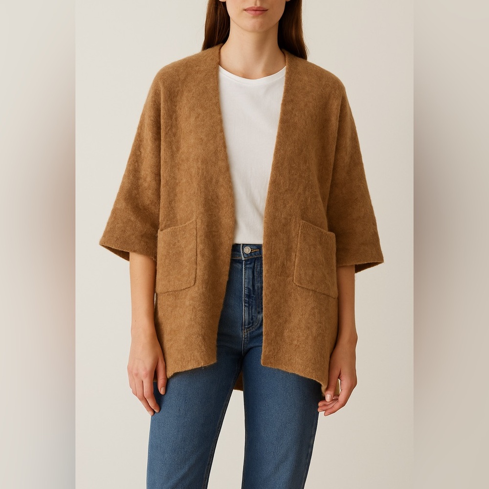STORQ Baby Alpaca Wool Blend Open Front Cardigan Jacket XS/S Camel Brown Peru